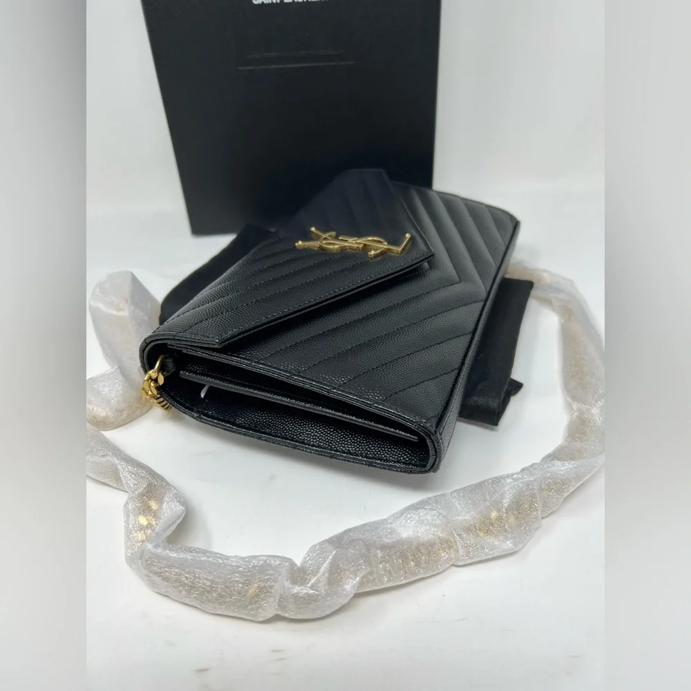 Saint Laurent Monogram Envelope Chain Matelasse Black Leather Cross Body Bag - Picture 5 of 11